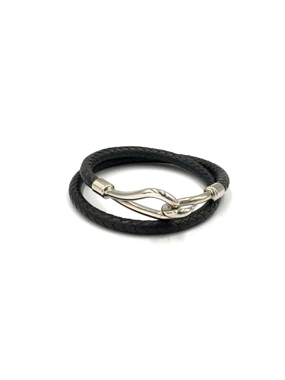 Hermes Jumbo Bracelet Leather Black Bangle Silver